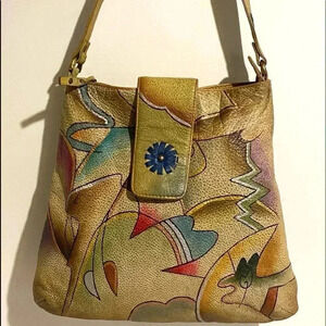 Handmade painted multicolor leather shoulder bag